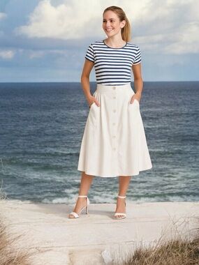 Fei  Anthropologie White Button Front Embroidered Cotton A Line Flare Mid Skirt